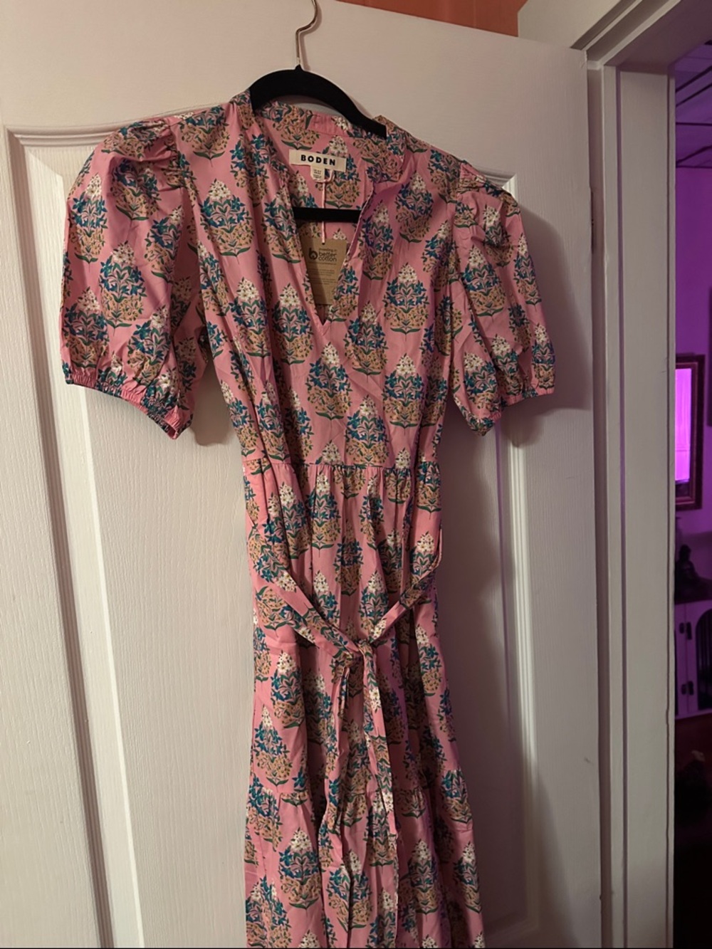 Boden Pink Floral Tie-Waist Midi Dress